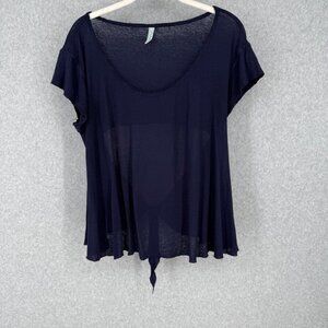 Free People Open Back Short Sleeve Top Size L Blue Linen Beach Casual Boho Sheer